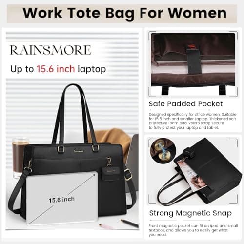 RAINSMORE Laptop Bag for Women 15.6 Inch Work Tote Bags Waterproof PU Leather Handbag Shoulder Bags Business Office School Briefcase Black — view 3