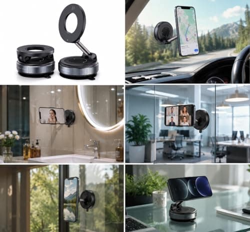 Magnetic Phone Holder Mount, Universal Suction Cup Phone Stand for Car Windscreen, Office Glass, Home Window & Kitchen, Strong Vacuum 360° Rotating Foldable Mount, iPhone Samsung Compatible — view 5