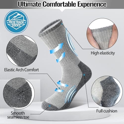 PROETRADE Mens Womens Merino Wool Thermal Socks Walking Thick Warm Hiking Cushioned Work Boot Winter Stocking Fillers for Men Women Gift Socks 4 Pairs(Grey,L) — view 2