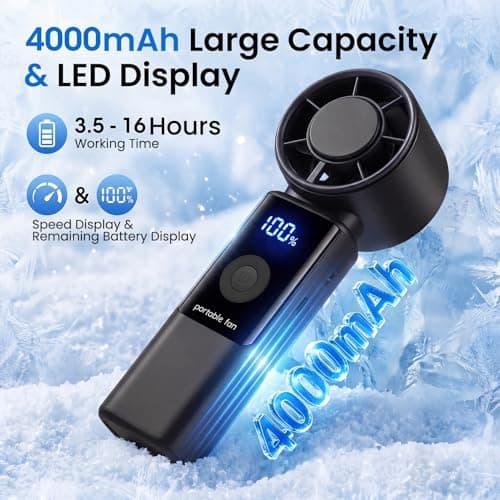 Phimke Portable Handheld Fan, High Speed Turbo Hand Held Fan with Speed (1-199) 4000mAh Battery Up to 16hrs, Rechargeable Mini Hand Fan with LED Display, Foldable Portable Fan for Home Outdoor (Black) — view 3