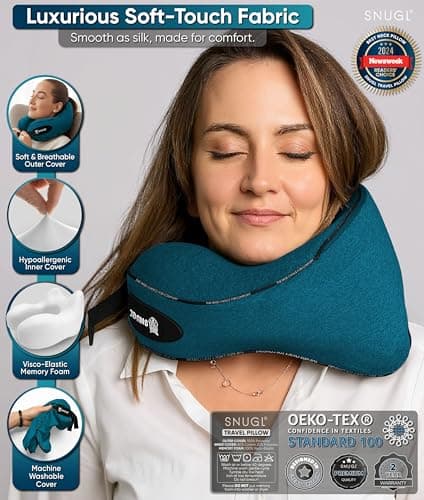 SNUGL Travel Pillow – Memory Foam Neck Pillow for Travel – Support Cushion for Airplane with Carry Bag & Clip - Holiday Essentials (Teal - Adult Small) — view 6