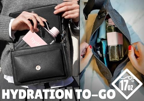 hydr Flat Water Bottle For Handbag & Flexible Cleaning Brush | 500ml Tritan BPA Free Slim Travel Water Bottle, small bottle for handbag (Pink) — view 2