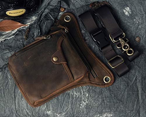 Le'aokuu Mens Womens Genuine Leather Motorcycle Waist Pack Messenger Shoulder Hip Bum Drop Leg Thigh Bag Pouches (211-5 0 Dark Brown) — view 4