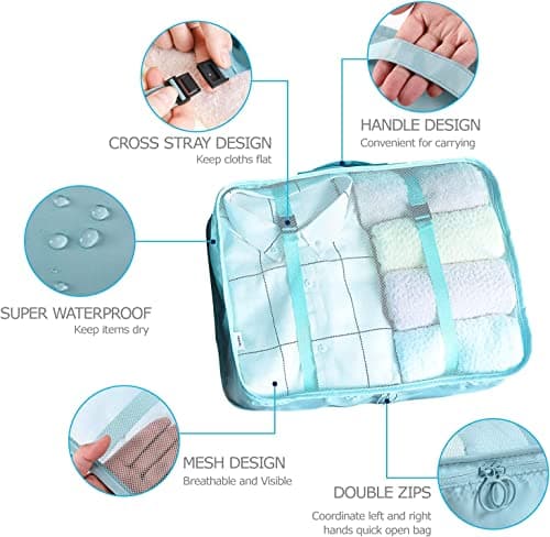 LANSKLBD 6/8 Set Packing Cubes for Suitcases Travel Luggage Packing Organizers,Travel Accessories Essentials Luggage Organizer with Shoe/Tioletry/Laundry Bag (Light Blue, 8 set) — view 2
