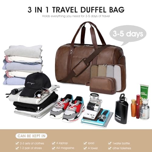 3PCS Faux Leather Weekender Bag for Women Men Travel Bag Overnight Bags — view 3