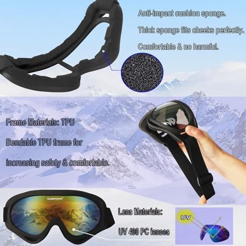 OUTDOORSPARTA 2-Pack Ski Goggles Snow Sports Goggles Snowboarding Goggles Motocycle Glasses for Men Women Youth Kids Boys Girls (7. Black Frame, Gold Lens; Black Frame, Silver Lens) — view 5