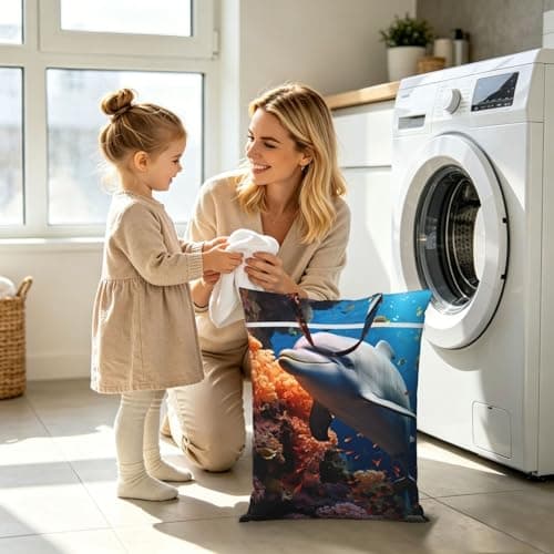 Dolphin On Coral Travel Laundry Bag for Dirty Clothes 1 PC, Foldable Waterproof Washable Wet Dry Bag with Handle Zippered Hanging Laundry Hamper for Travel, Gym, Swimming Pool — view 6