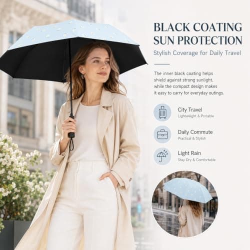 Compact Umbrella, Sky Blue Floral, Manual Opening, 8 Ribs, 270 g, 1 Pack — view 2