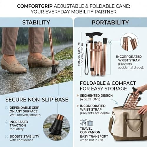 Adjustable Foldable Walking Stick for Men & Women | Lightweight, Ergonomic Cane | Collapsible & Portable Mobility Aid with Non-Slip Base & Wrist Strap | Ideal for Elderly & Travel - 85-95cm Height — view 6