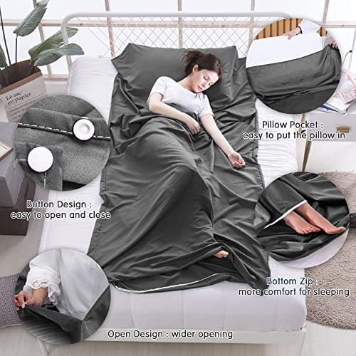 Plliocse Sleeping Bag Liner Travel Sheet Sleeping Bag, 75 x 210 cm Sleeping Bags Liners with Pillow Pockets for Adults, Travel, Hotels, Business Trip, Camping (Grey, 75cm x 210 cm) — view 4