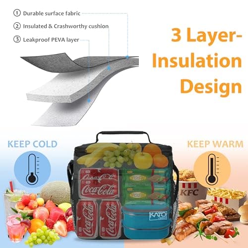 Kato Tirrinia Insulated Lunch Bag 10.5L(20 Cans), Large Cool Bag Thermal Tote Bags for Lunch Work School Camping Picnic, Foldable Cooler Bag for Food or Lunch Box Container,Charcoal — view 4
