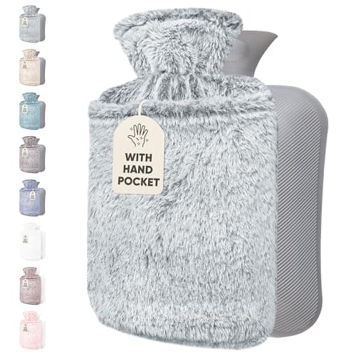 Hot Water Bottle - with Soft Premium Fleece Cover + Kangaroo Pocket - Light Grey, 2L - Heating Pad for Menstrual Cramps and Period Comfort - Bed Foot Warmer - Hot & Cold Compress for Pain Relief
