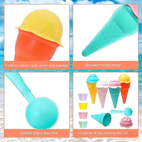 13 Piece Ice Cream Beach Set ,Sand Toys Beach Toys for Kids , Icecream Bath Toy, Kids Travel Toys -Ice Cream Mould Set With Cones Scoop And Tubs — view 5