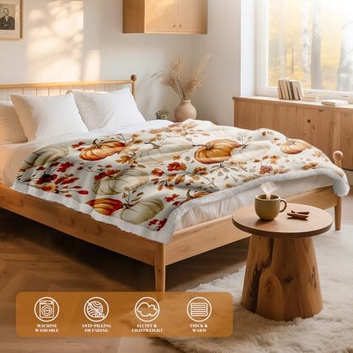 Lanpn Fall Pumpkin Flannel Throw Blanket, 460GSM Soft Warm Sherpa Fleece Throws, Orange Pumpkins Leaves Blanket for Couch Bed, Cozy Autumn Throw Blankets Farmhouse Thanksgiving Home Decor, 130x150 — view 3