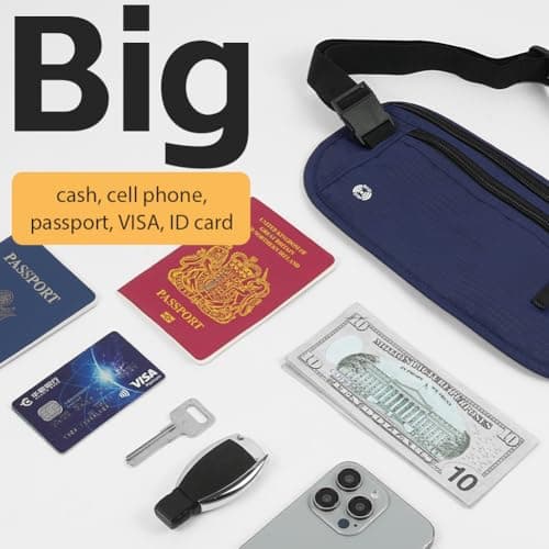 DiULi RFID Blocking Money Belt for Travel, Hidden Bum Bag with Adjustable Elastic Waist Strap, Secure Passport Pouch with 5 Free Card Sleeves, Anti-Pickpocket Protection for Cash & Phone Dark Blue — view 6