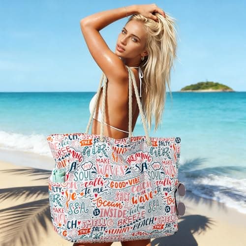 Large Beach Bag for Women with Zip,Summer Beach Tote Bags with Pockets — view 2