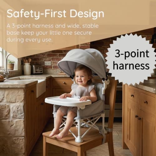 Foldable Baby Travel Seat Booster Feeding Chair for Children Toddlers Infants with Removable Tray & Detachable Sunshade – Toddler Dining Chair for Indoor/Outdoor, Travel, Feeding or Camping (Grey) — view 3