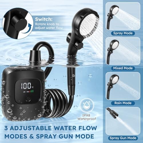 AUAUY Portable Shower for Camping, 3600mAh USB-C Rechargeable Battery Pump — view 4