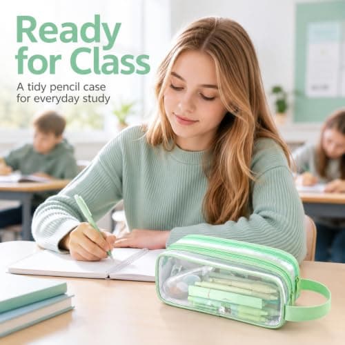 Large Clear Mesh Pencil Case, 2 Compartments, Mint Green, Carry Strap — view 3