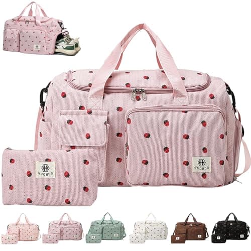 AUNGKWANG Corduroy Strawberry Travel Duffel Bag Set, Dance Bags for Girls with Little Strawberry Wallet, Sports Bags Women Foldable Gym Sports Bag