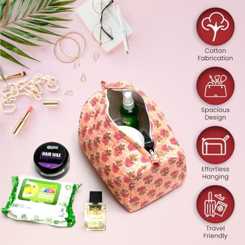 BLOCK N STYLE Cotton Toiletry Bag, Floral Print Travel Organiser, Orange, 23.5 x 17.5 x 11.4 cm — view 3