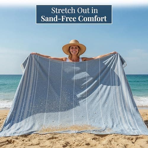 LANE LINEN Extra Large Turkish Cotton Beach Towel Blanket – Jumbo Sand-Free Quick Dry Travel Blanket – Oversized 208x208 cm Towel for Camping, Beach & Picnic - Sky Blue — view 3