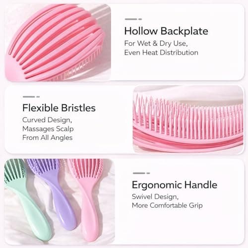 Detangling Hair Brush Set, Curved Vent Brush, Flexible Teeth, Pink 2-Pack — view 5