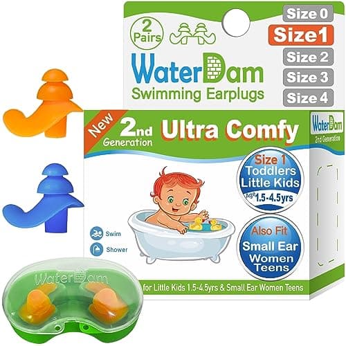 WaterDam Swimming Ear Plugs Great Waterproof Ultra Comfy Earplugs Prevent Swimmer's Ear (Size 1+1: Toddlers & ExtraSmall Ear Teens&Women(Blue Orange))