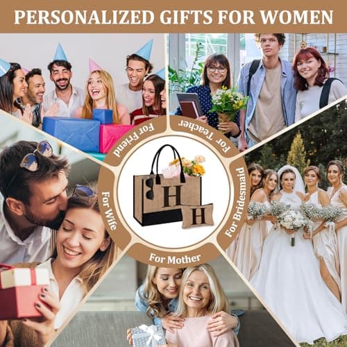 Tecanne Initial Jute Tote Bag & Makeup Bag, Birthday Gifts for Women Her Mum Teacher, Suitable for Wedding, Beach, Holiday (H) — view 2