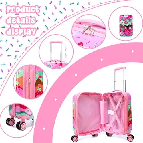 Inprof Kid's Luggage Set 2 Piece Suitcase Set Hardside Luggage with Spinner Wheels Boys Carry on Toddler Travel Rolling Suitcase with Hard Shell Airline Approved, Pink 01, 16 inch, Luggage Sets — view 3
