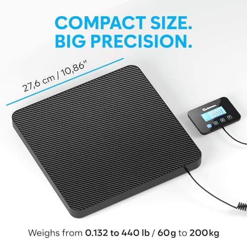 Parcel Scales - 200 kg/10 g - Heavy-Duty & High Accurate Digital Postal Scale with Hold/Tare Function - Perfect for Packages, Luggage, Industrial Use - Battery & Cable Included - Black Mat — view 2