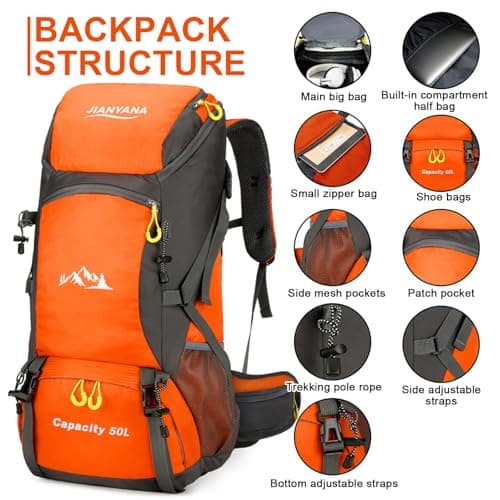 jianyana Hiking Backpack Waterproof 50L Foldable Rucksack Durable Lightweight Camping Bag with Rain Cover for Camping Trekking Hiking Walking Cycling Climbing Outdoor Sports for Women Men Orange — view 4
