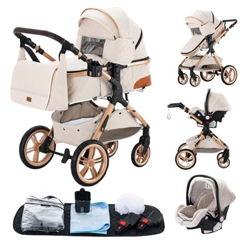 YAZOCO 3 in 1 Prams, Pushchair with Height Adjustable Handle, Travel System Pram with Changing Bag, Baby Stroller with Aluminum Frame for Newborn 0-4 Years (XX1 Cream)