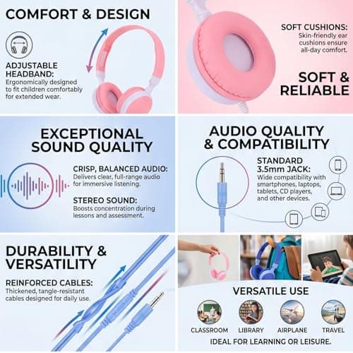 YUEHISY 12 Pack Wired Kid Headphones for School, Classroom Headphones Bulk, 3.5mm, Adjustable, Stereo Sound, 4ft Cord for Library Travel — view 2