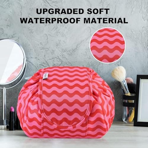 Vavabox Lazy Drawstring Makeup Bag, Flat Lay Cosmetic Bags (Red Wave) — view 6