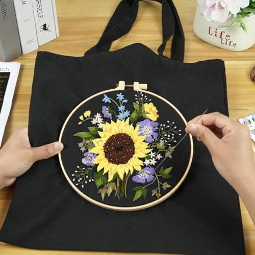 Canvas Tote Bag Embroidery Kits for Beginners Adults, Stamped Embroidery Starter Kit with Floral Pattern, Art DIY Craft Sewing Cross Stitch Kit Tote Bag with Hoop Needles Threads and Instruction — view 3