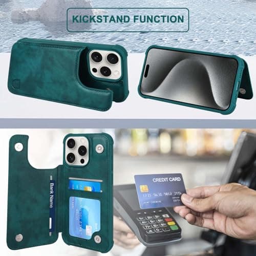 VANAVAGY Fit Car Mount Wallet Case for iPhone 15 Pro Max,Midnight Green — view 5