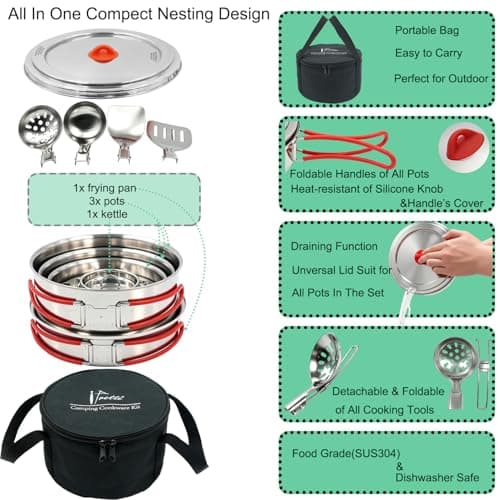 Ipretti Foldable 18/8 Stainless Steel Camping Cookware 11pcs for 4-8 People — view 5