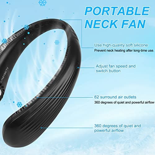 LYMYBETY Portable Neck Fan, Rechargeable Hanging Bladeless Hands Free Fan with 3 Speeds, 3000 mAh Battery Operated Wearable Personal for Men Women Kids Home Office Travel Outdoor (Black, T36) — view 2