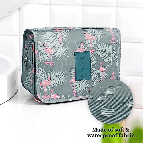 Hanging Toiletry Bag - Travel Portable Wash Bag Makeup Cosmetic Organizer for Women & Girls Waterproof Bathroom Shower Bag for Business Trip, Gym, Vacation & Household (Gray Flamingo) — view 4