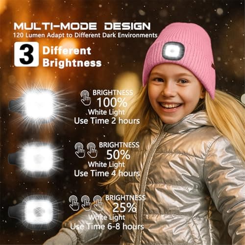 ATNKE Kids LED Lighted Beanie Hat with Lined Fleece, USB Rechargeable 4 LED Running Headlamp Ultra Bright Hands Free Head Torch Winter Warm Knit Skull Cap Gifts for Boys and Girls/Pink — view 6