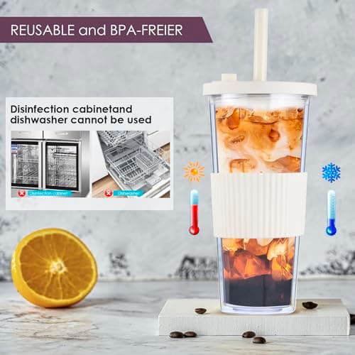 2 Pack Reusable Bubble Tea Cups, 750ml/24oz Travel Water Tumbler with Straw & Lid, Leakproof Clear Plastic Mug Cup, Double Wall Smoothie Tumbler with Wide Straw for Bubble Tea, Milkshake, Iced Coffee — view 2