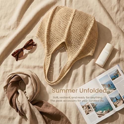 YANFALE Crochet Beach Bag, Holiday Beach Bags for Women, Mesh Beach Tote Bag, Foldable Summer Handbag, Hollow Woven Boho Shoulder Bags for Travel, Daily Work, Shopping (Beige) — view 2