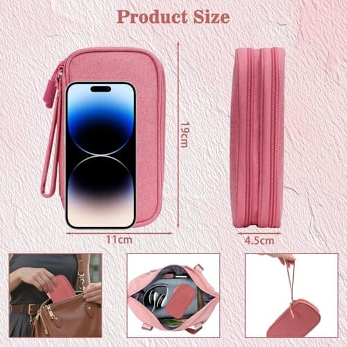 Yilnlg Cable Organiser Bag, Double Layer Electronics Accessories Organiser Bag, Travel Accessories Bag Organiser for Cables for Charging Cable Flash Drive SD Card Power Bank USB Pink — view 2