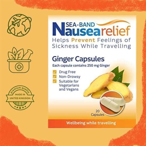 Sea-Band Travel & Motion Sickness and Nausea Relief, Ginger Capsules and Acupressure Wristbands Bundle, (1 x Pair of Adult Grey, 1 x Pack of Ginger Capsules, 20 Capsules) — view 5