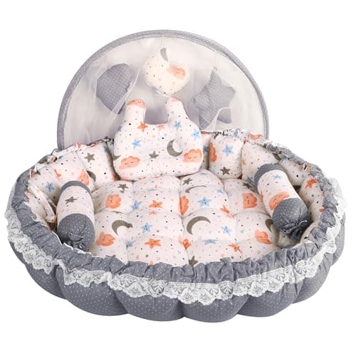 AD's Cuddle Premium Baby Nest Pod with Mosquito Net & Bedding Set, 100% Cotton, 0–12 Months, with Bolsters, Pillows and Mosquito Net (5 color) (Grey)