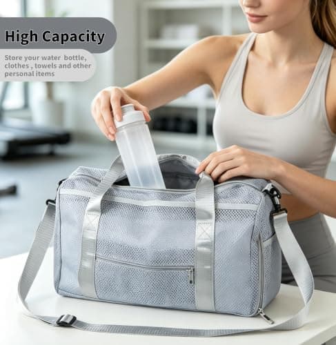 Small Gym Bag for Women Men Sports Duffle Bag Mesh Travel Bag with Shoes Compartment and Wet Pocket Fitness Tote Holdall Overnight Weekend Handbag for Travel Yoga Swim Training Workout (Grey) — view 3