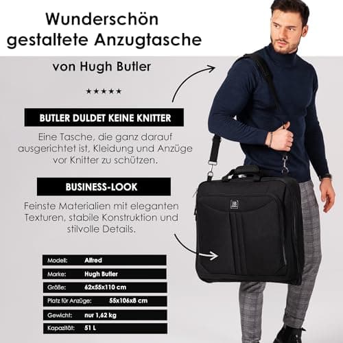 HUGH BUTLER Suit Carrier - Suit Bags for Men - Travel Garment Bags for 3 XL Suits - Suit Cover for a Businessman - Black Luggage Bag - Clothes Without Creases — view 2