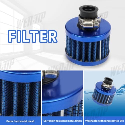 WENJTP Oil Catch Can Kit with 4 Adapters + Breather Filter Drain Valve Plug 2 Ports (1 oulet + 1 inlet) 150ml Universal Aluminum Baffled Oil Reservoir Tank Oil Separator (Blue) — view 3