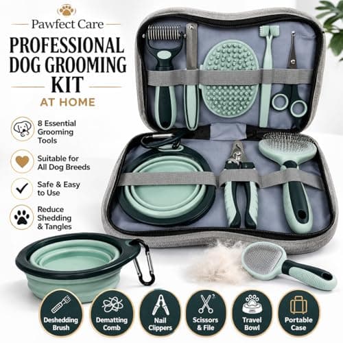 Dog Grooming Kit – Professional Deshedding Brush, Nail Clippers, Scissors & Travel Bowl – Complete Pet Grooming Set for Dogs – Suitable for All Breeds – Pawfect Care — view 2
